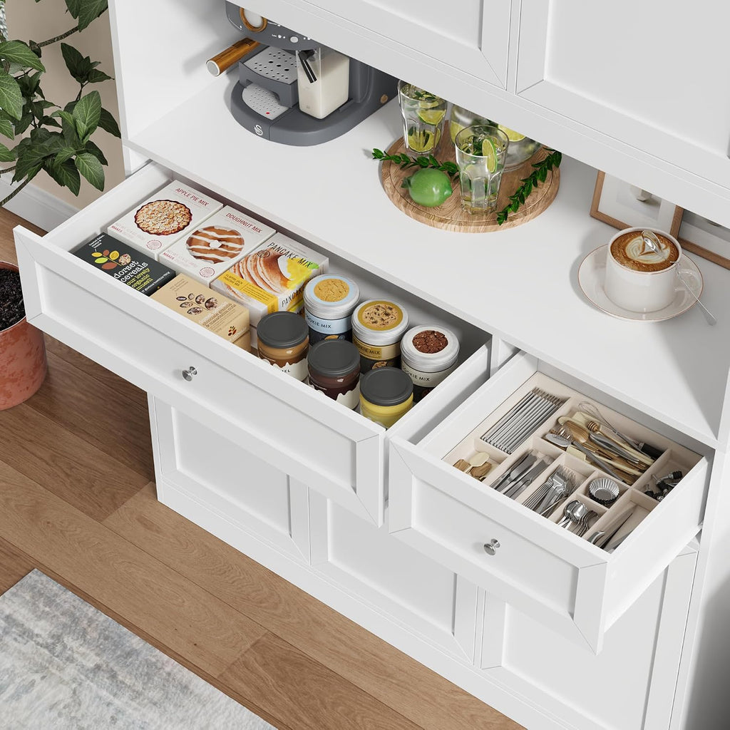 72" Kitchen Pantry Cabinet, Kitchen Hutch with Microwave Stand, Buffet Cabinet with Hutch, White