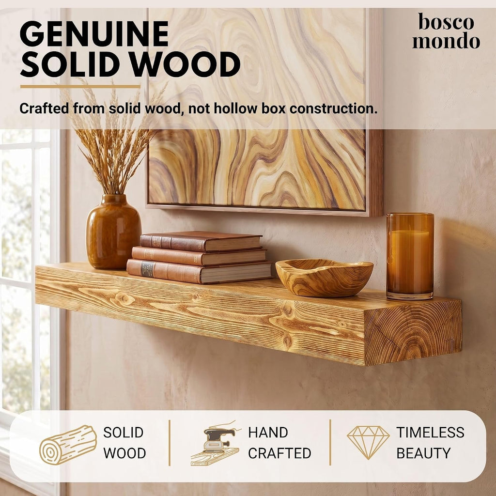 Solid Wood Shelf, Floating Mantle for Living Room, Farmhouse Rustic Wood Mantel, Easy Wall Mount with Heavy-Duty
