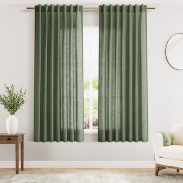 Olive Green Linen Curtains 63 Inches Length 2 Panels Set Back Tab Pocket Aesthetic Neutral Light Filtering Semi Sheer
