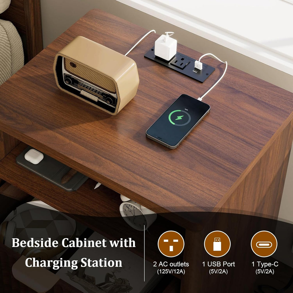 Fluted Nightstand with Charging Station, 19.7 inch Wide End Table with 2 Drawers, Modern Wood Bedside Table ,Brown,1