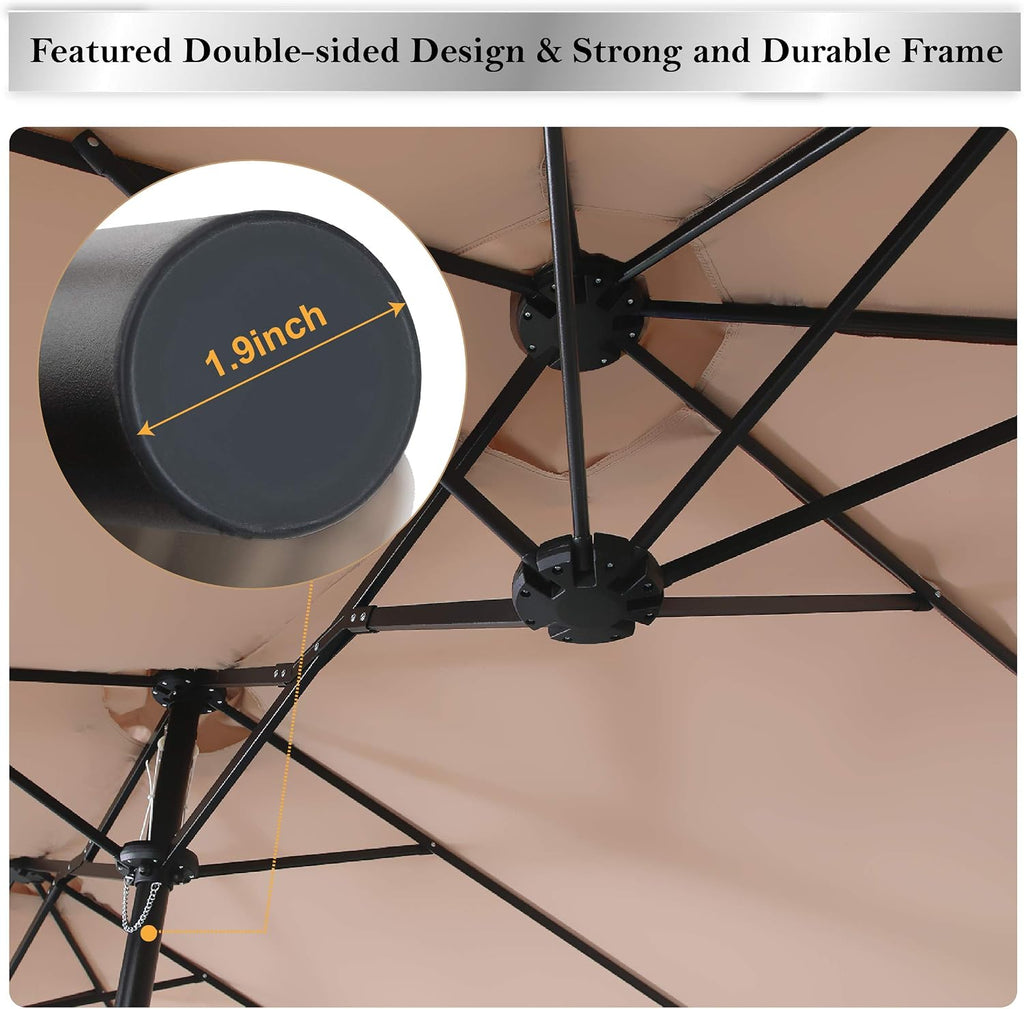 15FT Patio Umbrella with Base, Large Double-Sided Outdoor Market Umbrella with Crank Lift, UV-Resistant Canopy Khaki