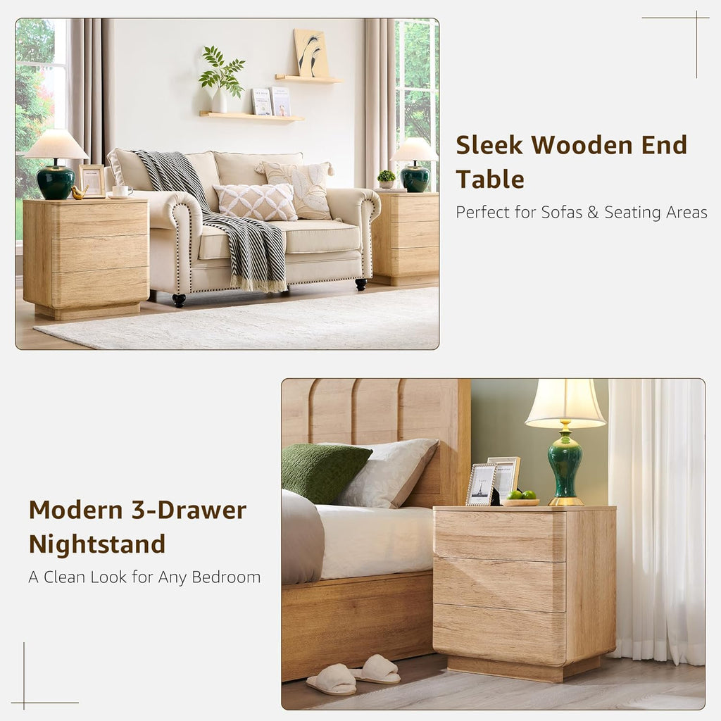 22" Modern Nightstand with Charging Station, Push-to-Open Handleless 3-Drawer Bedside Table, Large End Table with