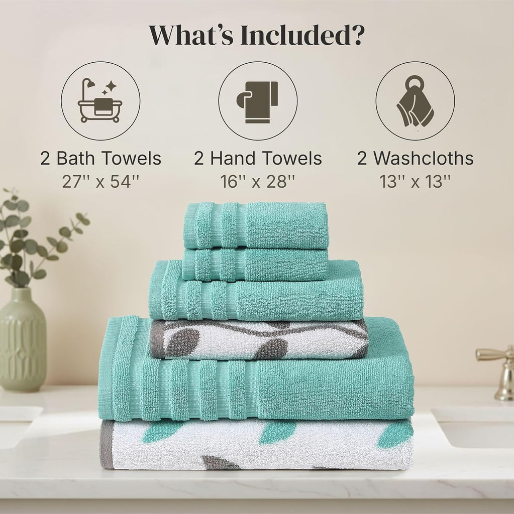 6 Piece Bath Towel Set - Bathroom Set with 2 Bath Towels, 2 Hand Towels, and 2 Wash Cloths - 100% Cotton, Super
