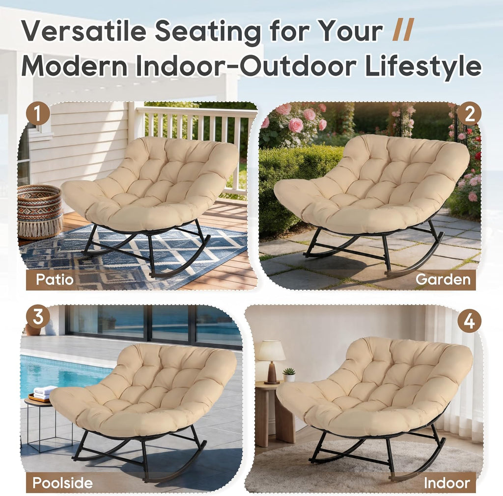 Oversized Outdoor Papasan Rocking Chair with Thick Cushion, Modern Egg Style Patio Rocker, Comfy Deep Seat Lounge