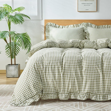 Gingham Duvet Cover, 3 Pieces Soft Breathable Microfiber Plaid Duvet Cover with Zipper Closure & 2 Pillow