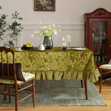 Velvet Ruffle Tablecloth, Rectangle Vintage Farmhouse Pleated Tablecloth for Party Wedding Baby Kitchen Table Decor