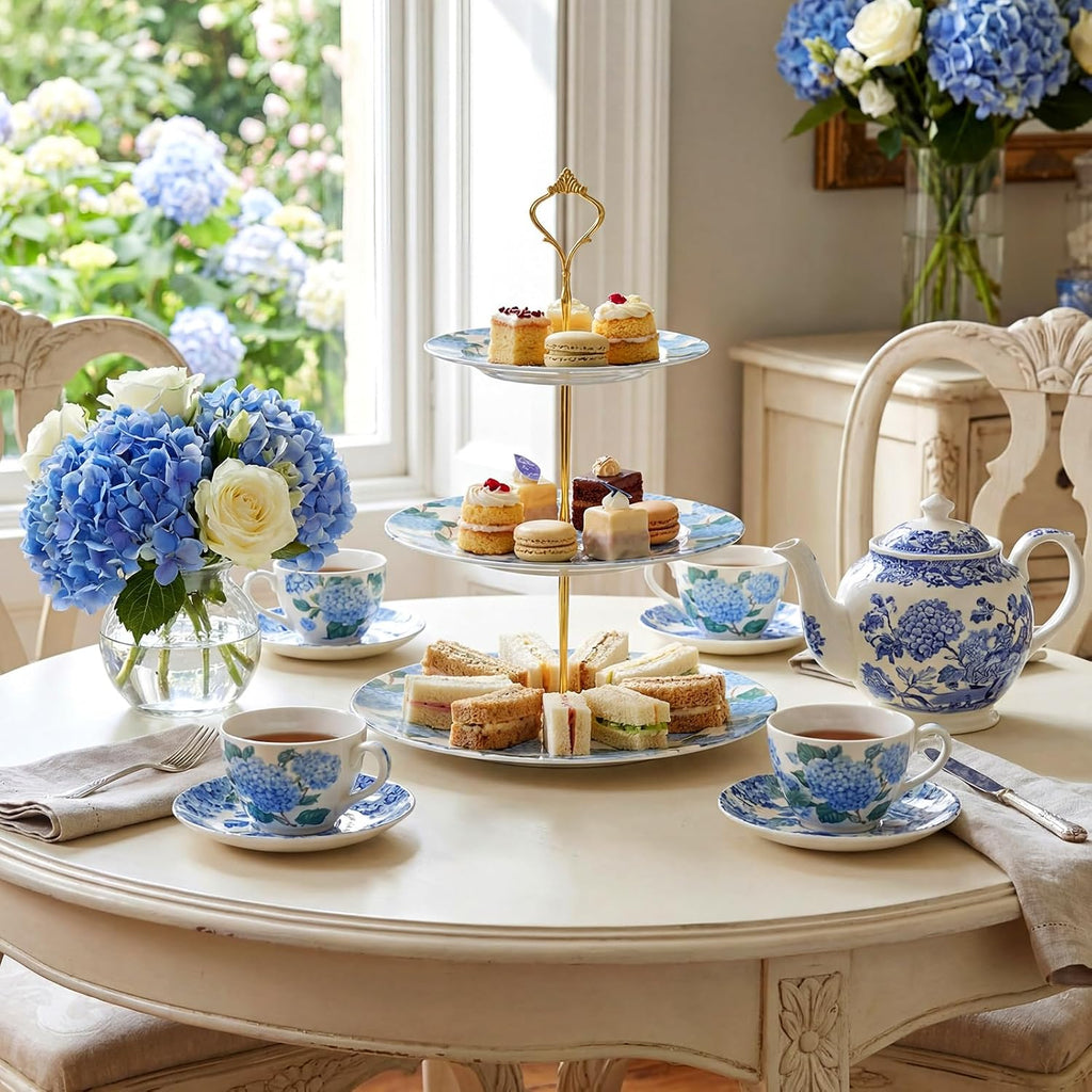 3 Tier Blue Hydrangea Cake Stand 10", 9" and 7" Ceramic Serving Tray Dessert Cupcake Display Holder Tower for Wedding