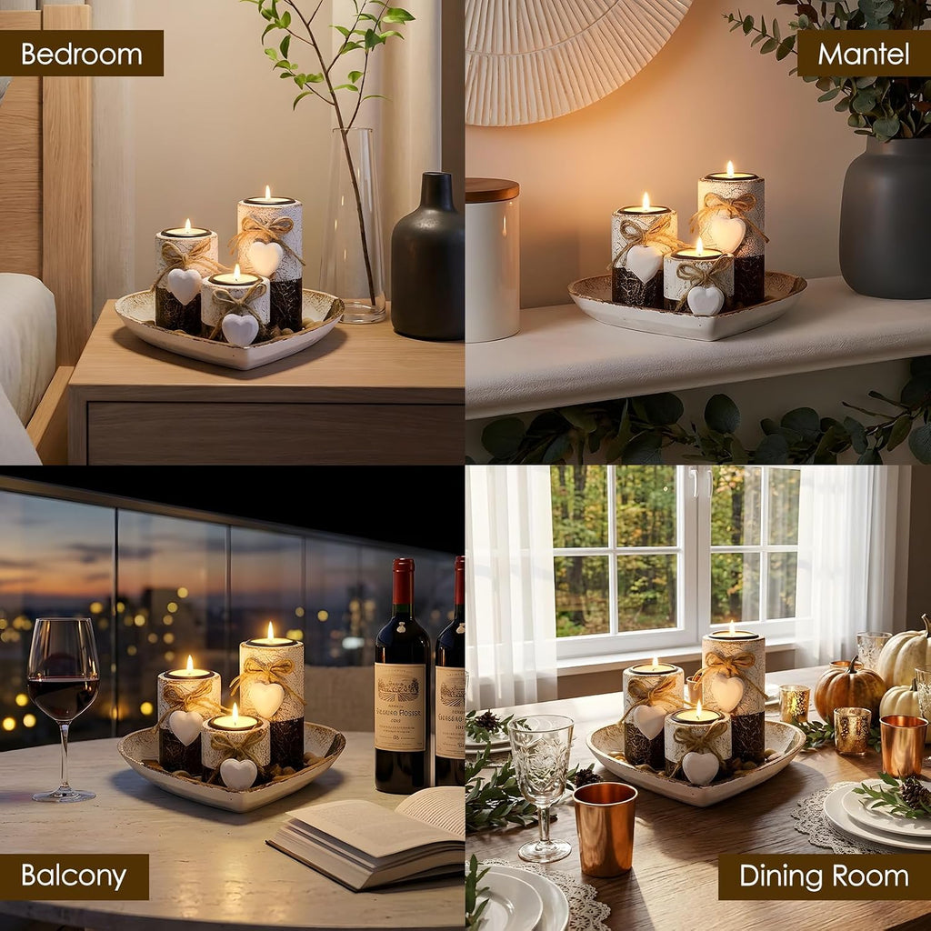 Farmhouse Candle Holders 3 Pack Rustic Wooden Pillar Candle Holder | Heart Tray and Stones Tealight Candles Holders