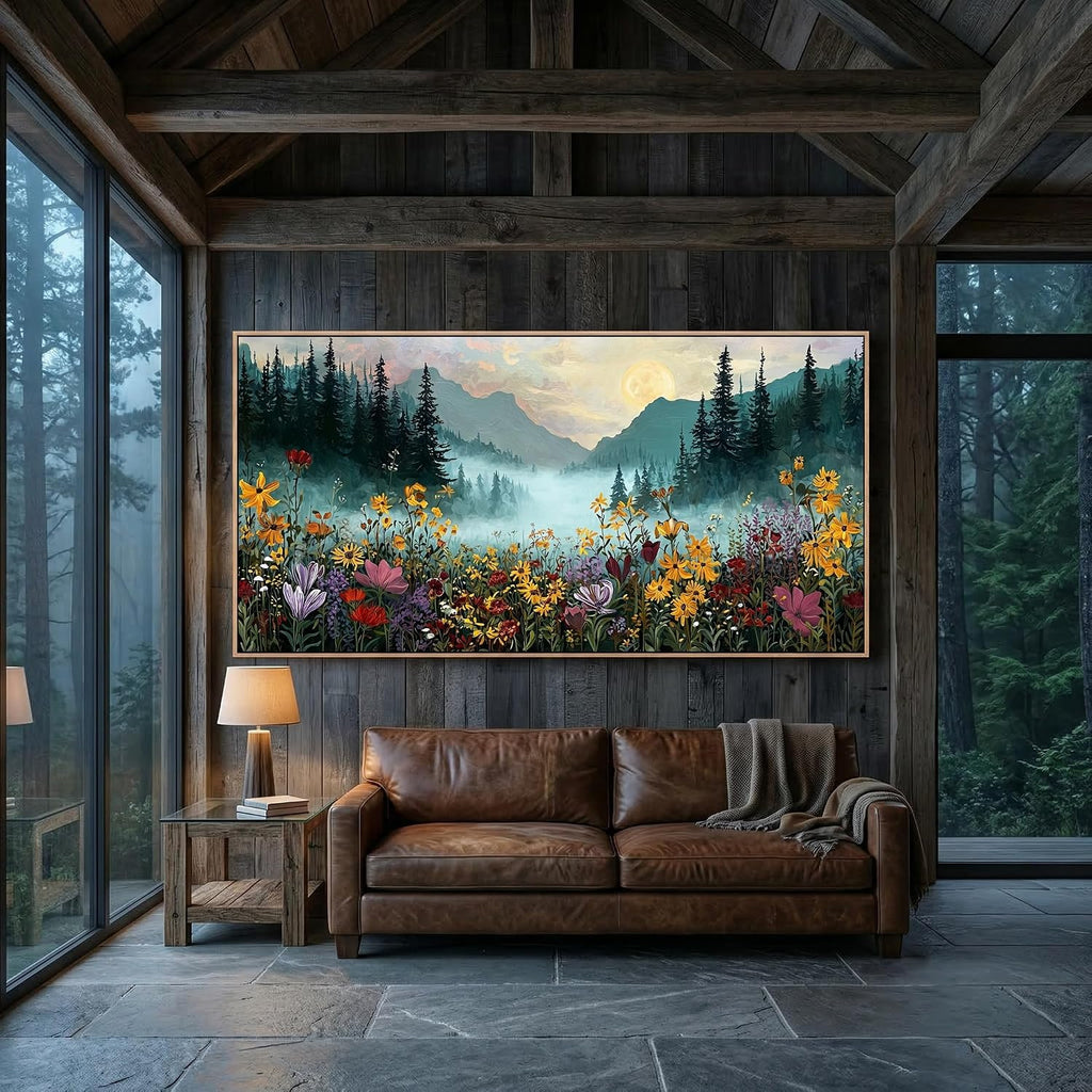 Framed Canvas Wall Art - Mountain Landscape with Wildflowers Wall Decor Moon Over Misty Forest Nature Painting Print