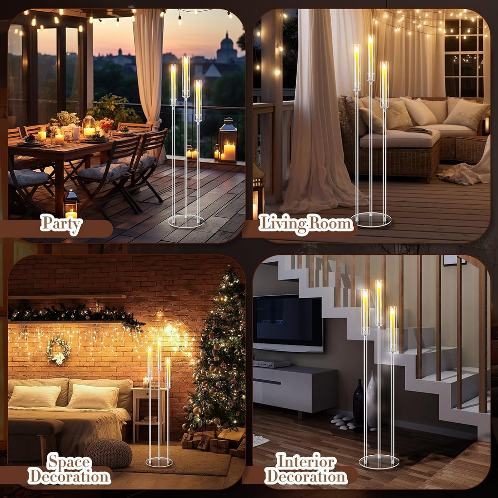 6 Set Acrylic Candelabra Centerpieces 3 Arms with 18 LED Candles 42.5'' Floor Tall Candle Holders with Acrylic Shade