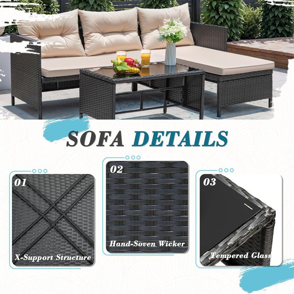 3 Piece Patio Furniture Set Outdoor Wicker Rattan Sectional Sofa with Cushions & Coffee Table for Yard, Garden
