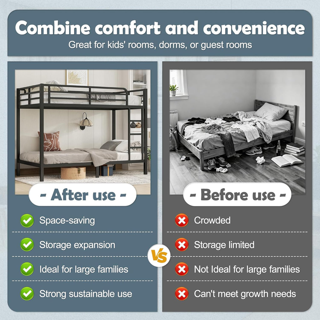 Metal Twin XL Over Twin XL Bunk Bed for Adults/Kids,Heavy Duty Adults Bunk Beds with Guardrail & Ladders,Twin XL Size