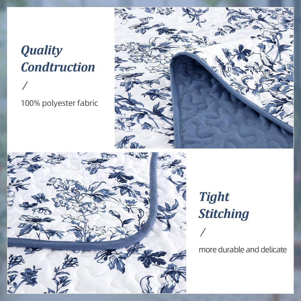 Quilt, Blue Quilt Bedding Set with 2 Pillowcases, Botanical Quilts for Bed, Soft Microfiber Lightweight