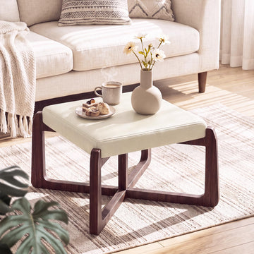 Faux Leather Square Ottoman Coffee Table with Ash Wood Legs (Beige)