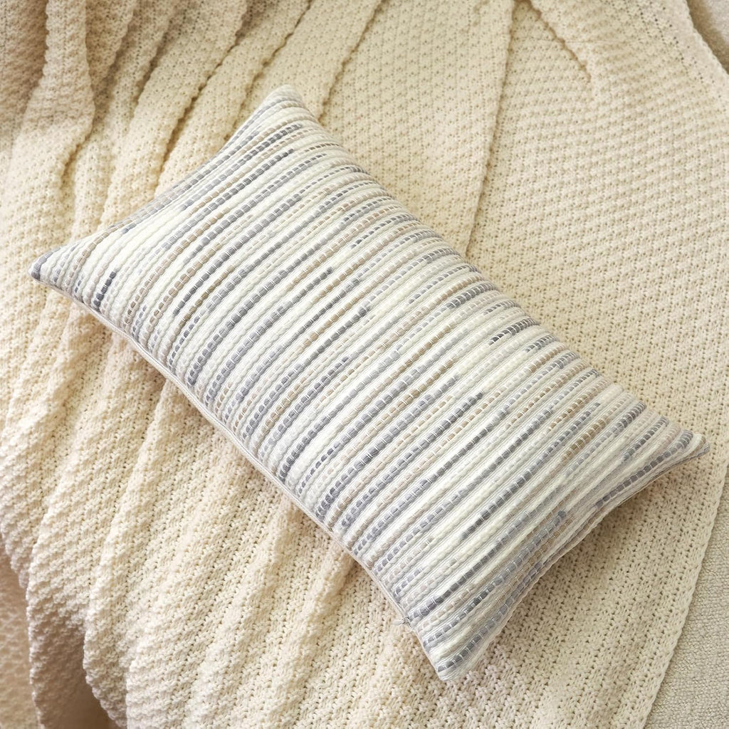Boho Striped Pillow Cover 12x20, Rectangle Decorative Lumbar Throw Pillow Cover Chenille Neutral Pillowcase, Gray White