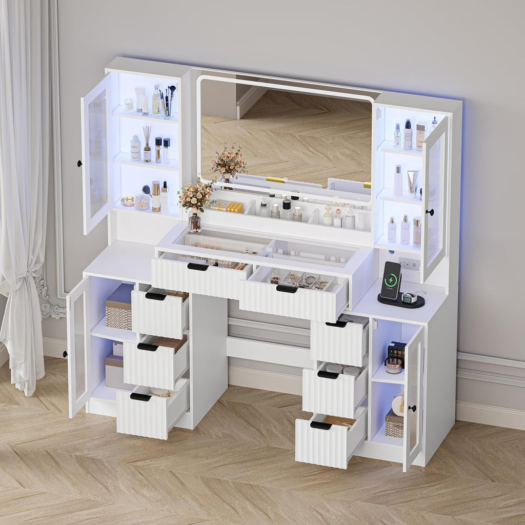 Fluted Makeup Vanity Desk with Mirror and Lights, 55" Glass Top Vanity with 8 Drawers & 4 RGB Glass Cabinets