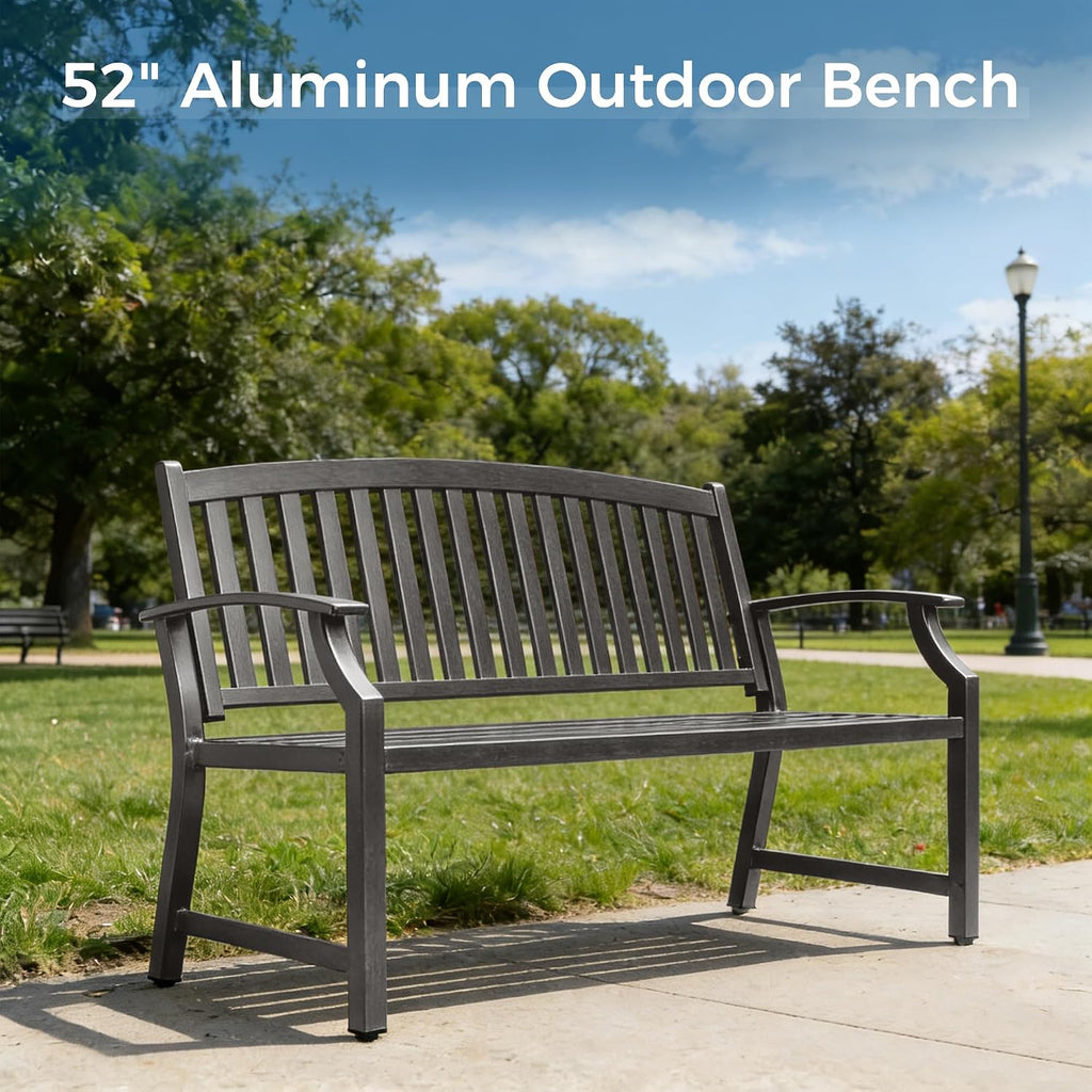 Farmhouse Outdoor Bench, Garden Benches with Anti-Rust Aluminum, Faux Wood Grain Finish Frame Patio Bench for Front
