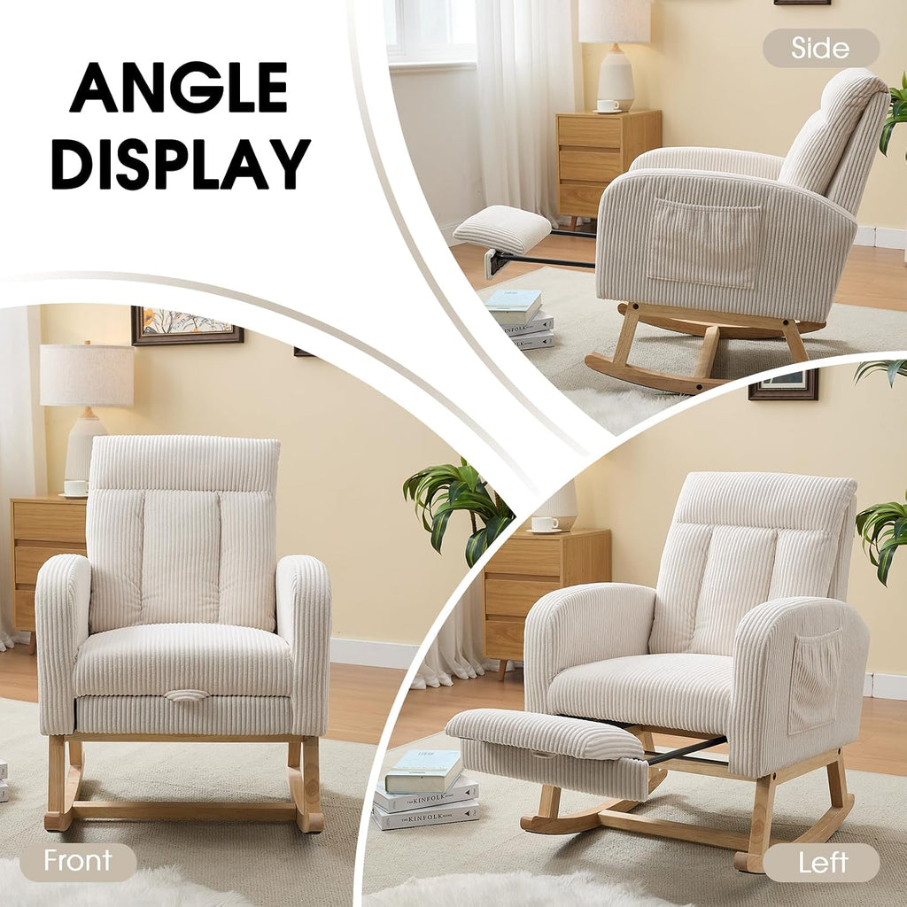 Nursery Rocking Chair, Corduroy Upholstered Rocking Chair with Adjustable Footrest, Tufted Rocker Chair with Side