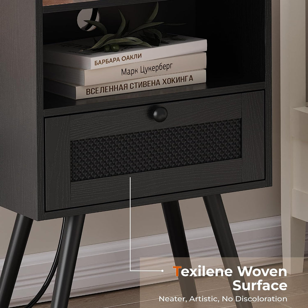 Nightstands with Charging Station, Bedside Table Set of 2 with Texilene Surface Drawers, Rattan Side Table with