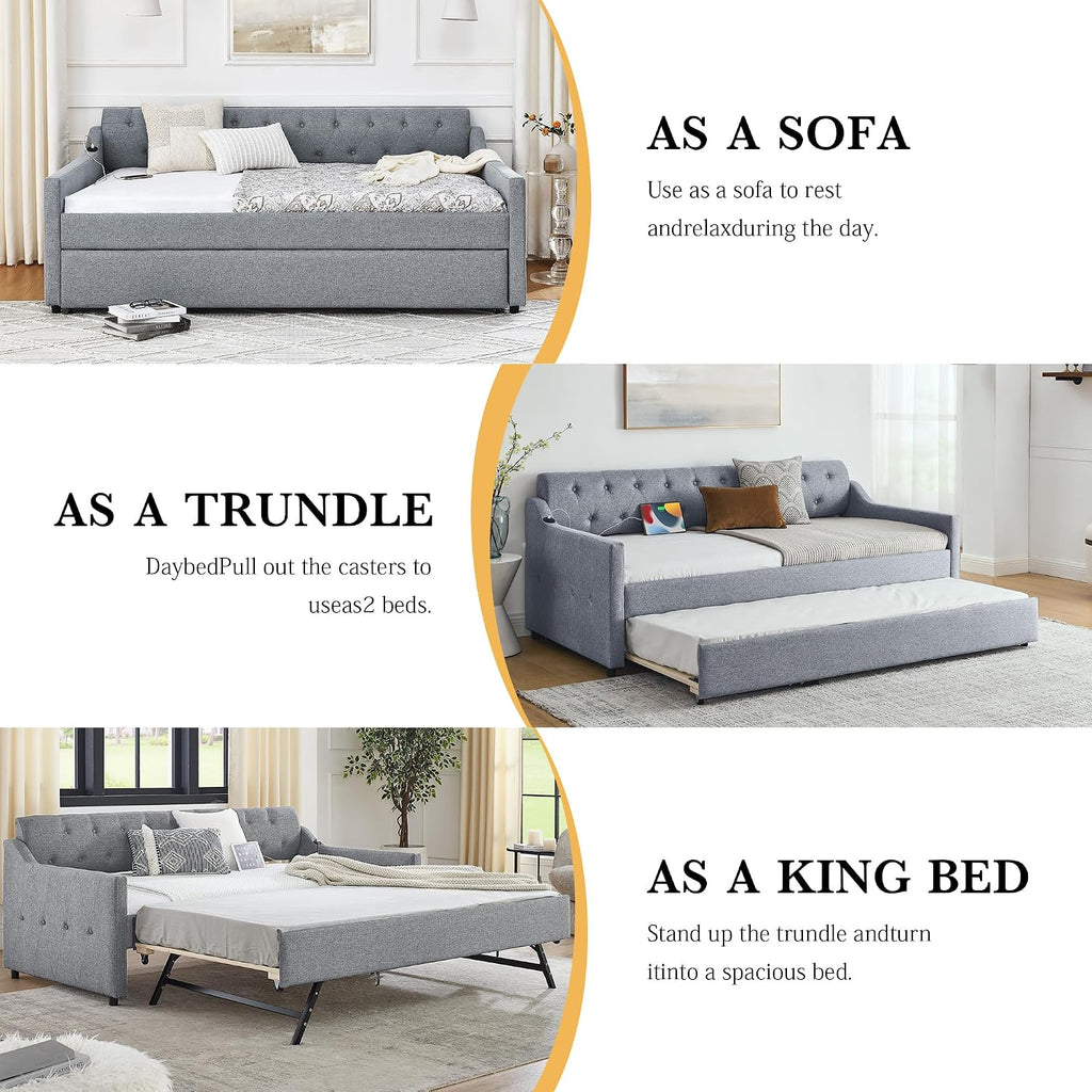 Twin Size Daybed with Pop Up Trundle, Upholstered Daybed with Trundle and USB Charging Ports, Linen Twin Size Sofa