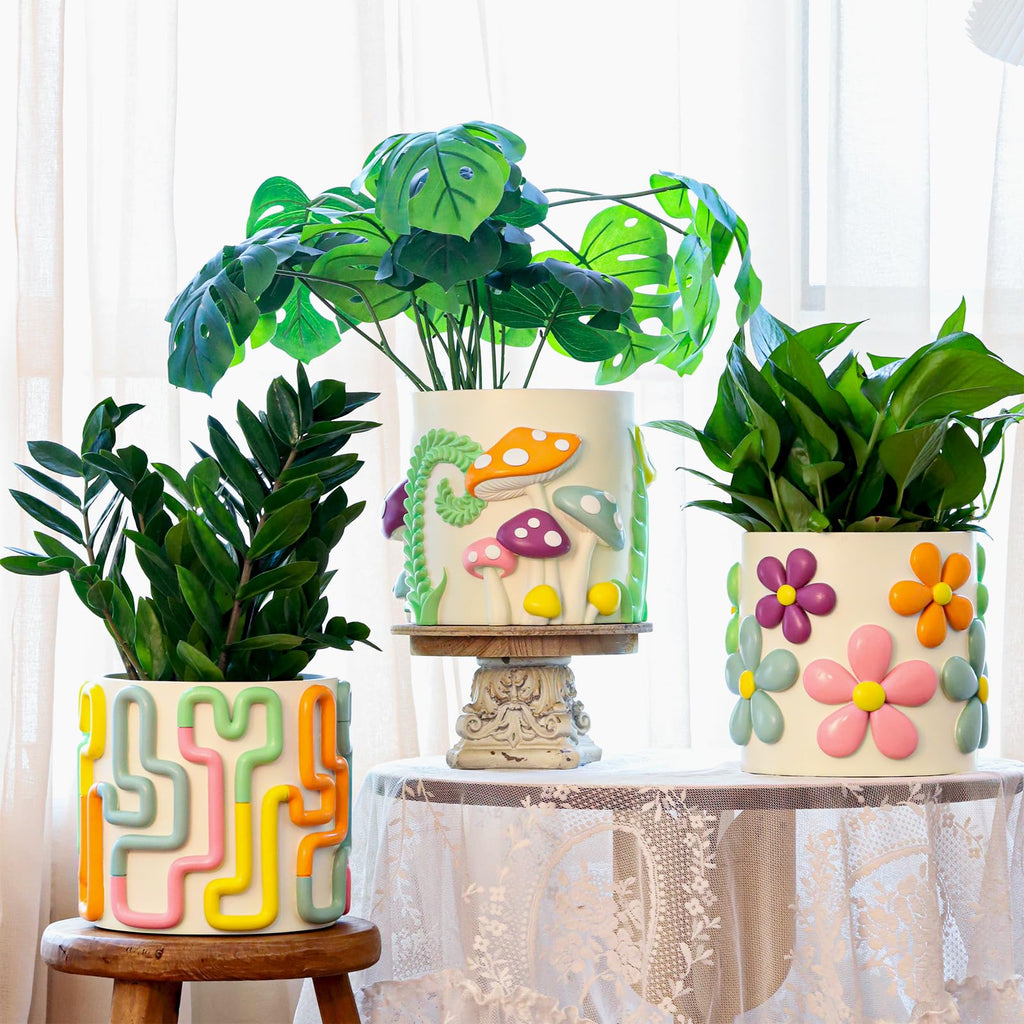 8 Inch Pastel Lines Planters, Cute Unique Rainbow Planter with Drainage, Vintage Retro Eclectic Flower Plant pots for