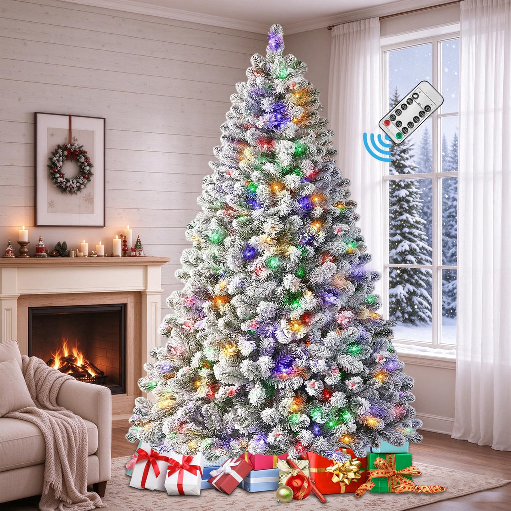 Snow Flocked Pre-lit Christmas Tree, 7.5FT With Remote Control