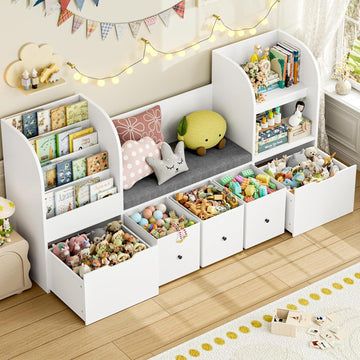 Kids Bookshelf with Reading Nook, Toy Organizer with Seat Cushion | 71'' Kids Bookshelf with 2 Movable Drawers and 3