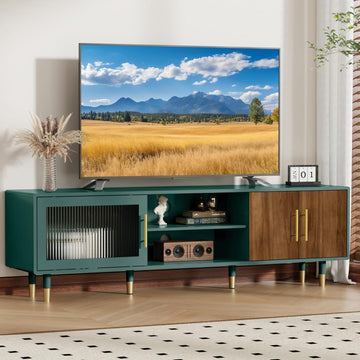 TV Stand with Glass Sliding Door, 66” Mid Century Modern TV Cabinet for TVs up to 75 inch, Entertainment Center with Storage Cabinet, Television Console for Living Room, Bedroom, Green