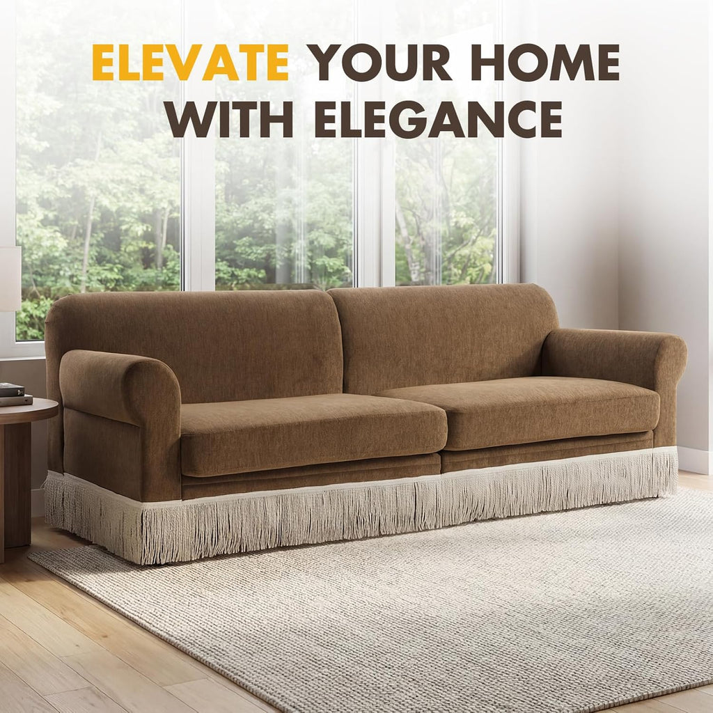 86" Chenille Sofa Couch - Mid-Century Modern 3-Seater Deep Seat Sofa with Vintage Tassel Design Pet-Friendly Soft