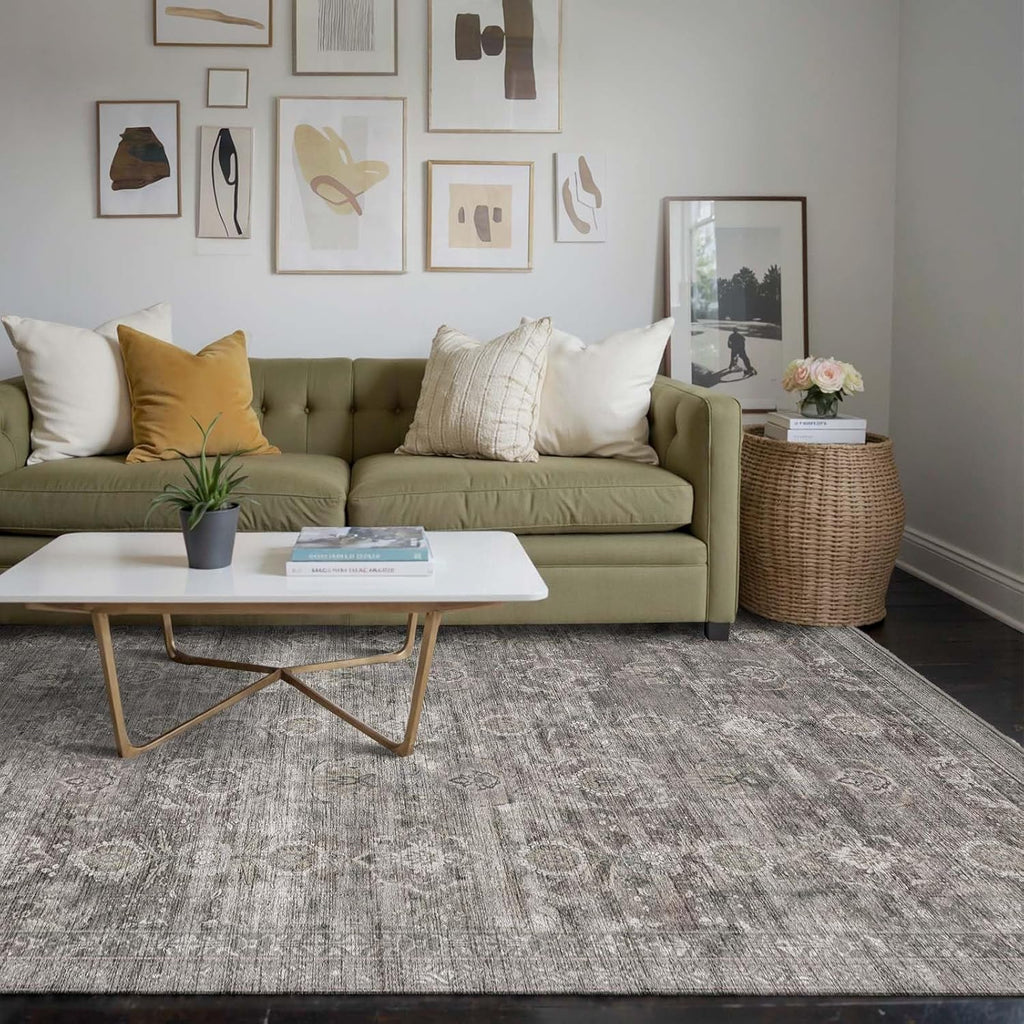 Area Rugs for Living Room Bedroom, Grey Washable Rug, Vintage Retro Boho Rug, Non Slip & Low Pile Faux Wool Thin