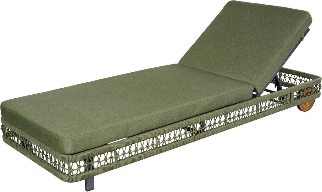 Woven Rope Chaise Lounge Chair Outdoor with Steel Frame, Patio Outdoor Chaise Lounge with Wheels and Cushions