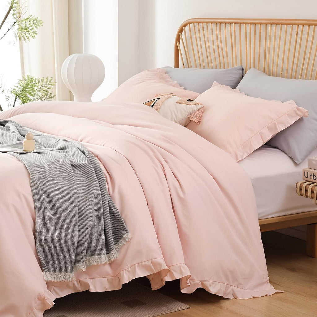 Soft Fluffy Comforter Set 3PCS (1 Ruffled Blush Comforter Set and 2 Pillowcases) Vintage Shabby Chic Bedding