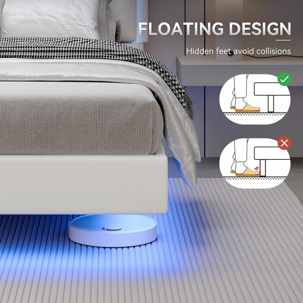 King Size Floating Bed Frame with LED Lights, Upholstered Platform Bed with Headboard, 11 in Storage Clearance, Solid