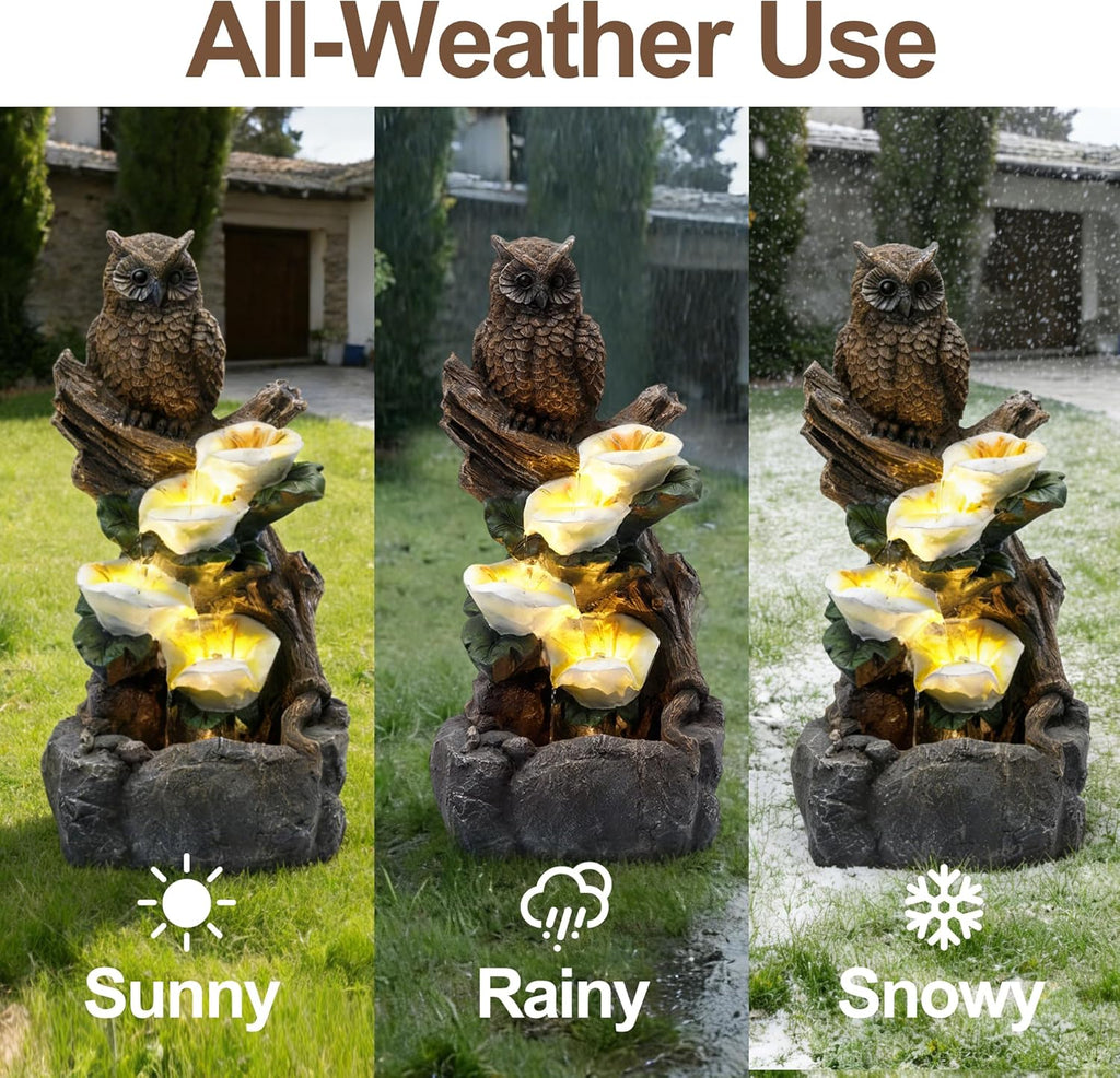 28" Outdoor Water Fountain with Led Lights, 4-Tiered Owl & Calla Lil Water Fountain, Outdoor Garden Waterfall Decor
