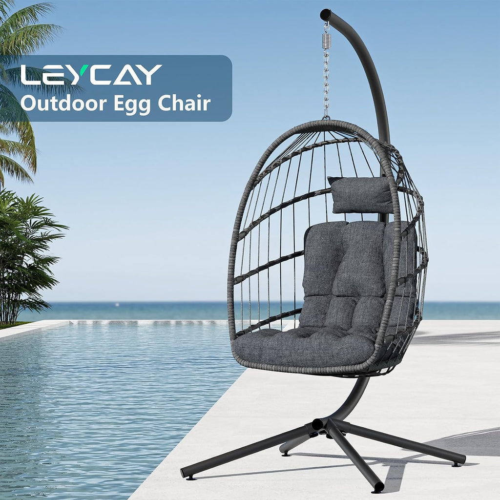 Hanging Egg Chair with Stand, Outdoor Indoor with Cushion, Wicker Hammock 350 LBS Capacity-Dark Grey