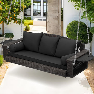Wicker Hanging Porch Swing - Outdoor 3 Person Patio Swing Bench with Cushion & Chains - 3-Seat Porch Swing Chair with