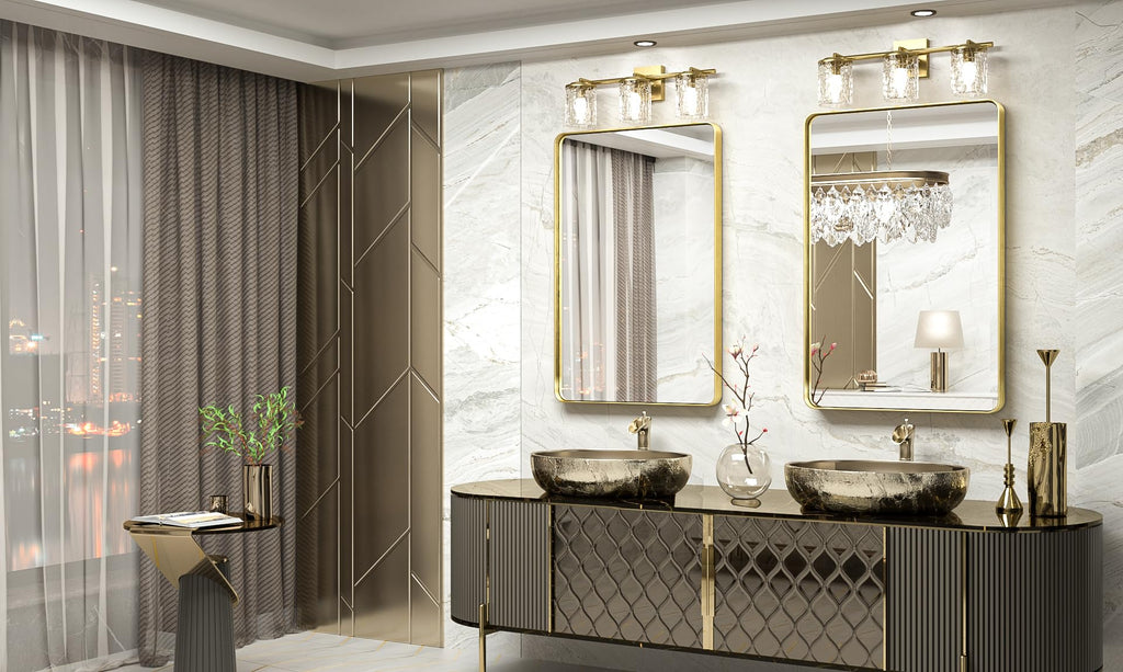 Gold Bathroom Mirror - 24 x 36 Inch Metal Rounded Corner Rectangle Mirror - Hangs Horizontal Or Vertical - Rustic