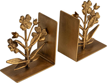 2-Piece Cast Metal Flower Bookends, Gold Finish