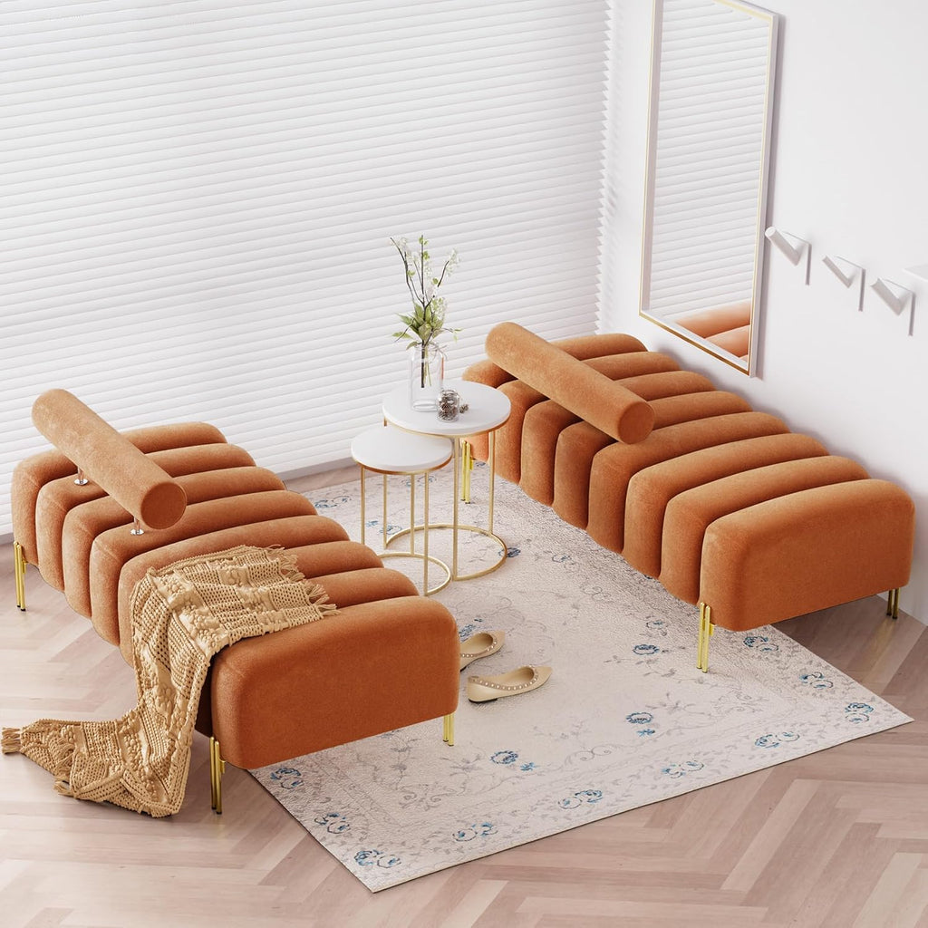52.2" Velvet Upholstered Bench Ottoman with Adjustable Backrest, Orange | Modern Channel Tufted End of Bed Bench with