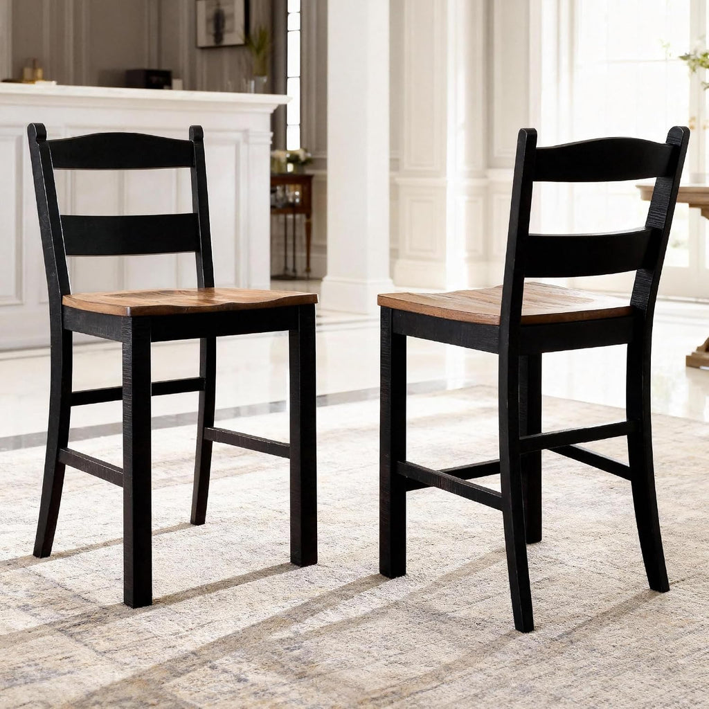 Valebeck Casual Rustic Counter Height Bar Stool with Contoured Seat and Footrest, Set of 2, Wood, 24" High, Black