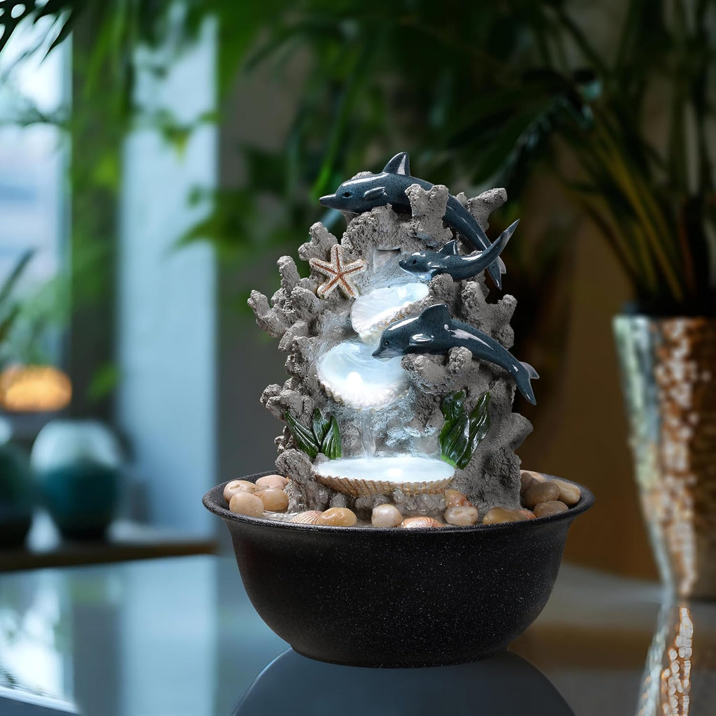 Indoor Tabletop Dolphin Water Fountain with LED Light - Ocean Theme Desk Decor and River Rocks, Relaxing Sound