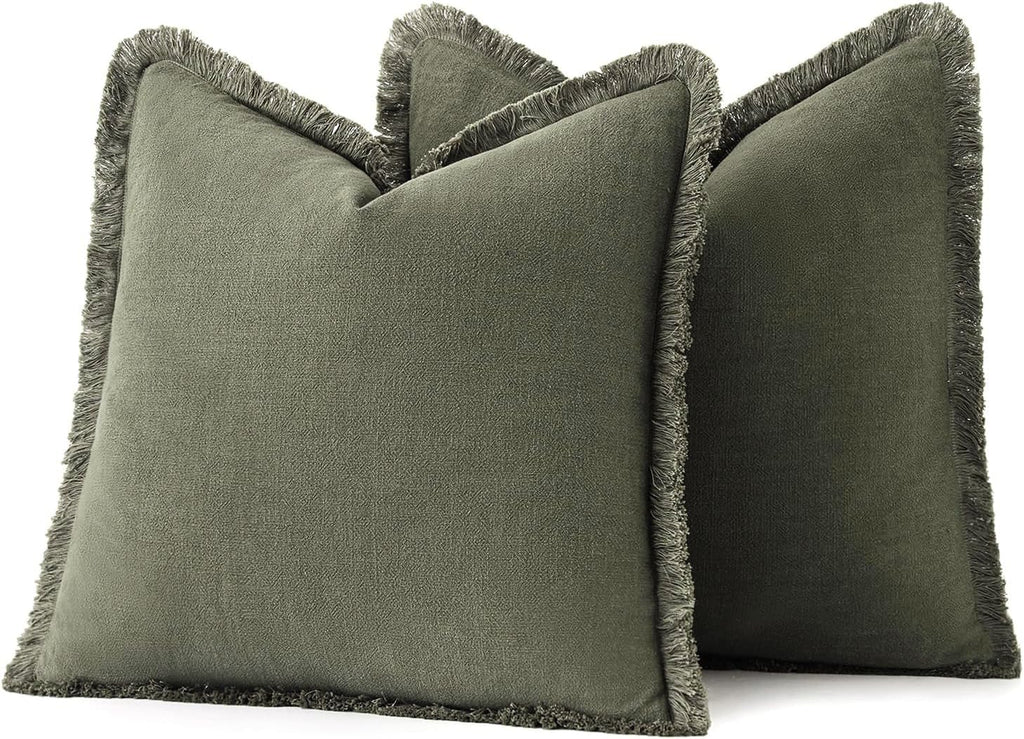 Decorative Throw Pillow Covers Neutral Linen Fringe Throw Pillows Set of 2 Olive Green Boho Farmhouse Cushion Covers