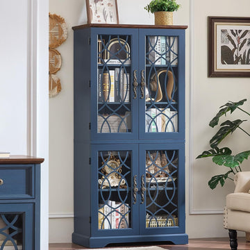 67" Tall Bookshelf, Rustic Book Shelf w/Vintage Pattern Tempered Glass Doors, 5-Tier Wood Bookcase with Adjustable