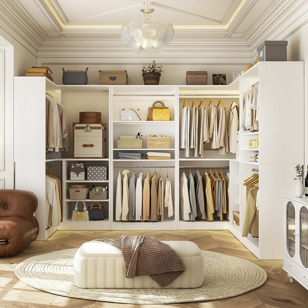Corner Closet System, 72" L-Shaped Closet Organizer with 4 Hanging Rods, Heavy Duty Wood Garment Rack with Shelves