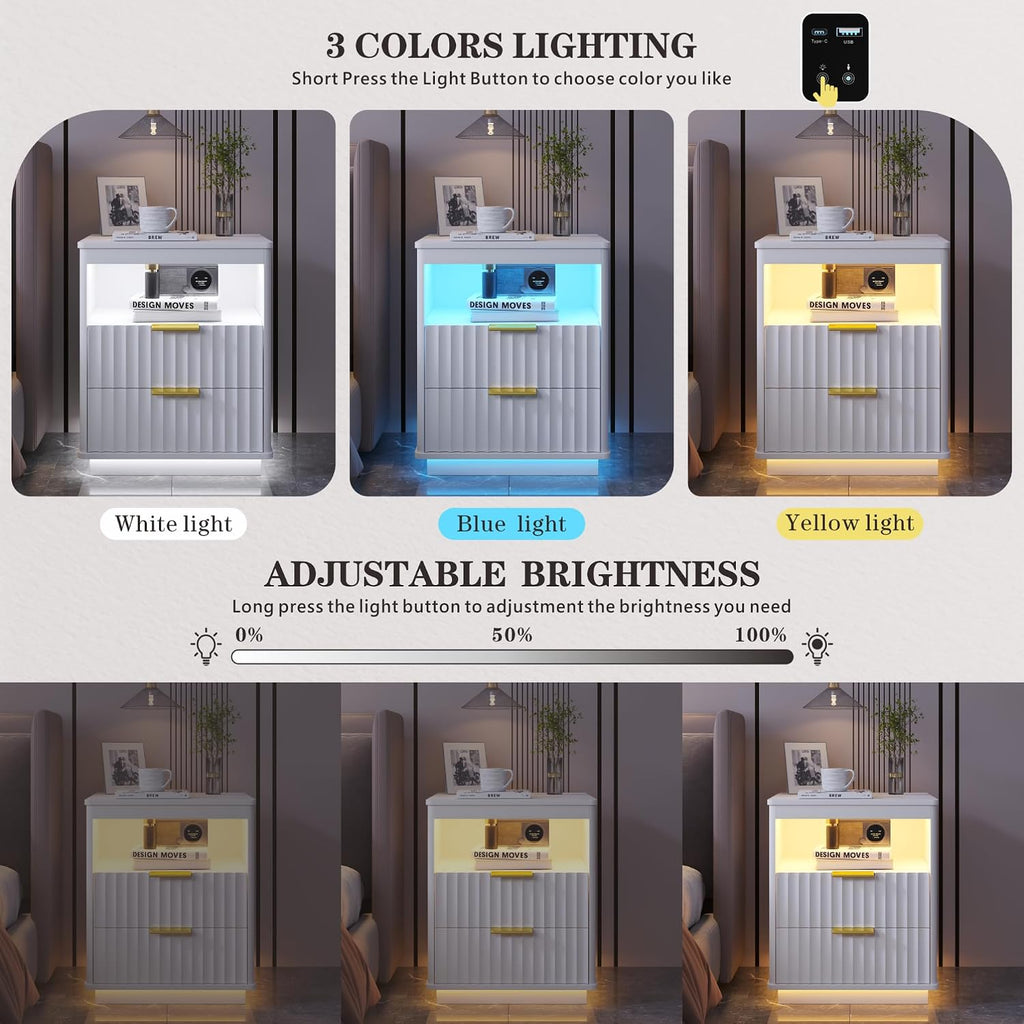Nightstand Set 2 with LED Light & Charging Station, White | 2 Drawers, Open storage space, Smart Bedside Table, Human