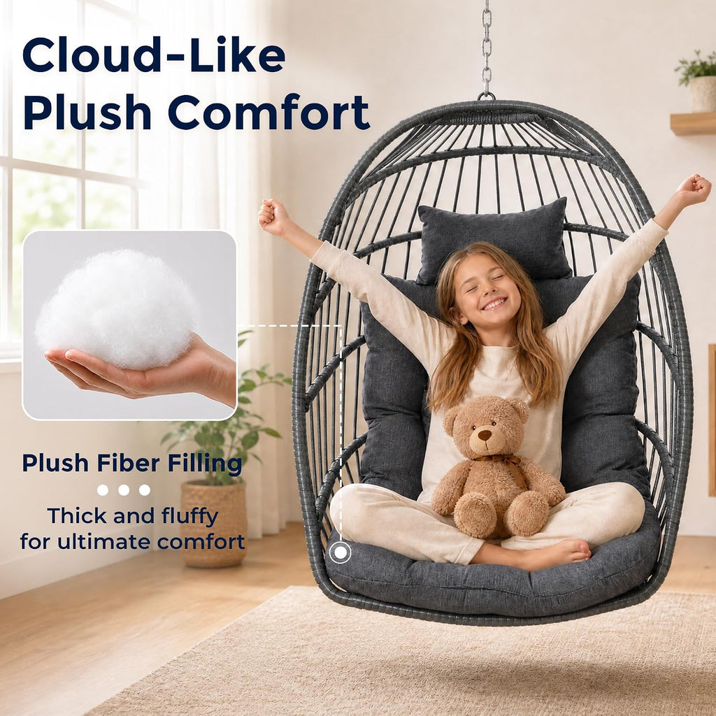 Egg Chair Outdoor with Stand, Indoor Wicker Hanging Egg Swing Chair with Cushion, 370lbs Capacity , Garden - Dark Grey