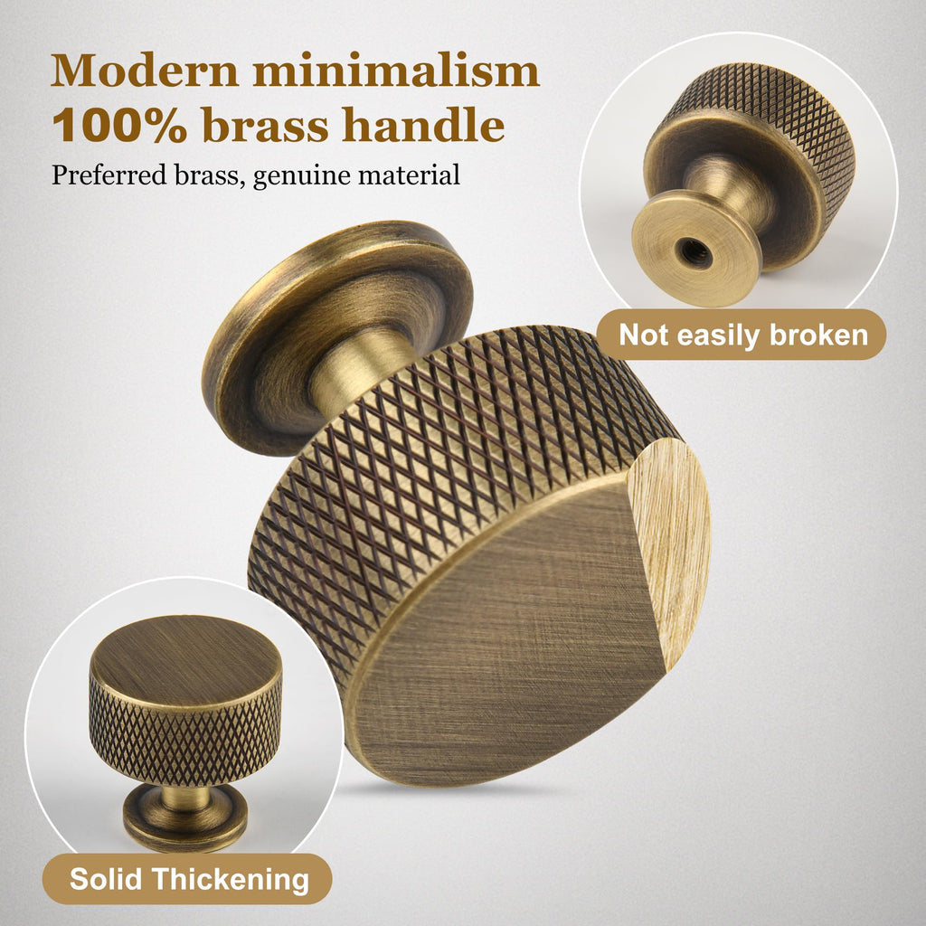 1.1" Knurled Solid Brass Cabinet Knobs, Antique Brass 5-Pack