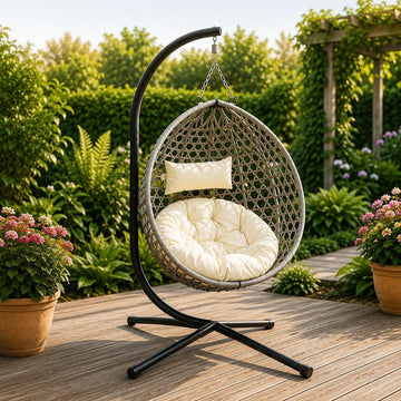 Folding PE Rattan Hanging Egg Chair with Stand, Wicker Swing Hammock, Heavy-Duty Steel and Aluminum Frame, 350 lbs