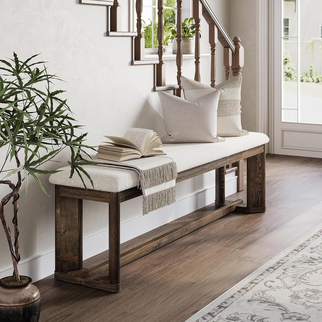 63" Upholstered Bench, Solid Wood Entryway Shoe Bench with Cushion, Long Modern Farmhouse End of Bed Bench with