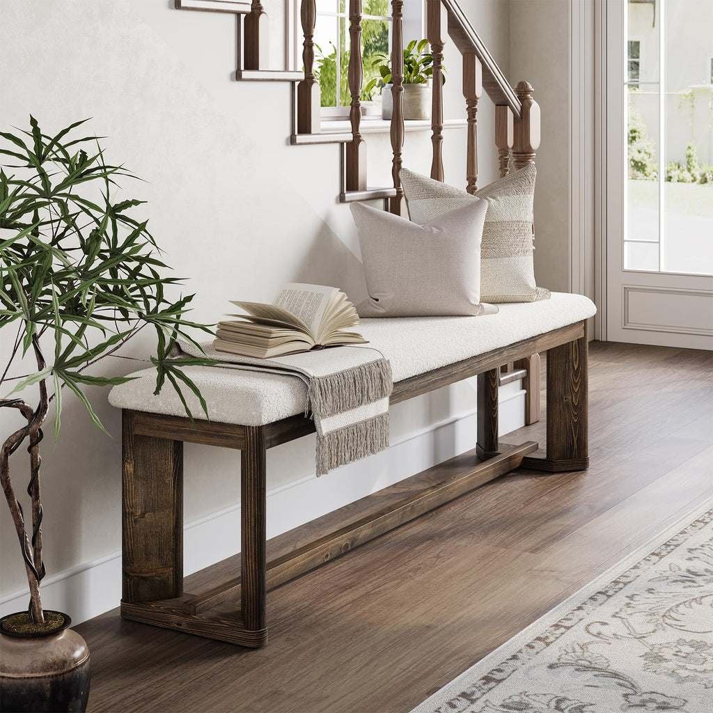 63" Upholstered Bench, Solid Wood Entryway Shoe Bench with Cushion, Long Modern Farmhouse End of Bed Bench with